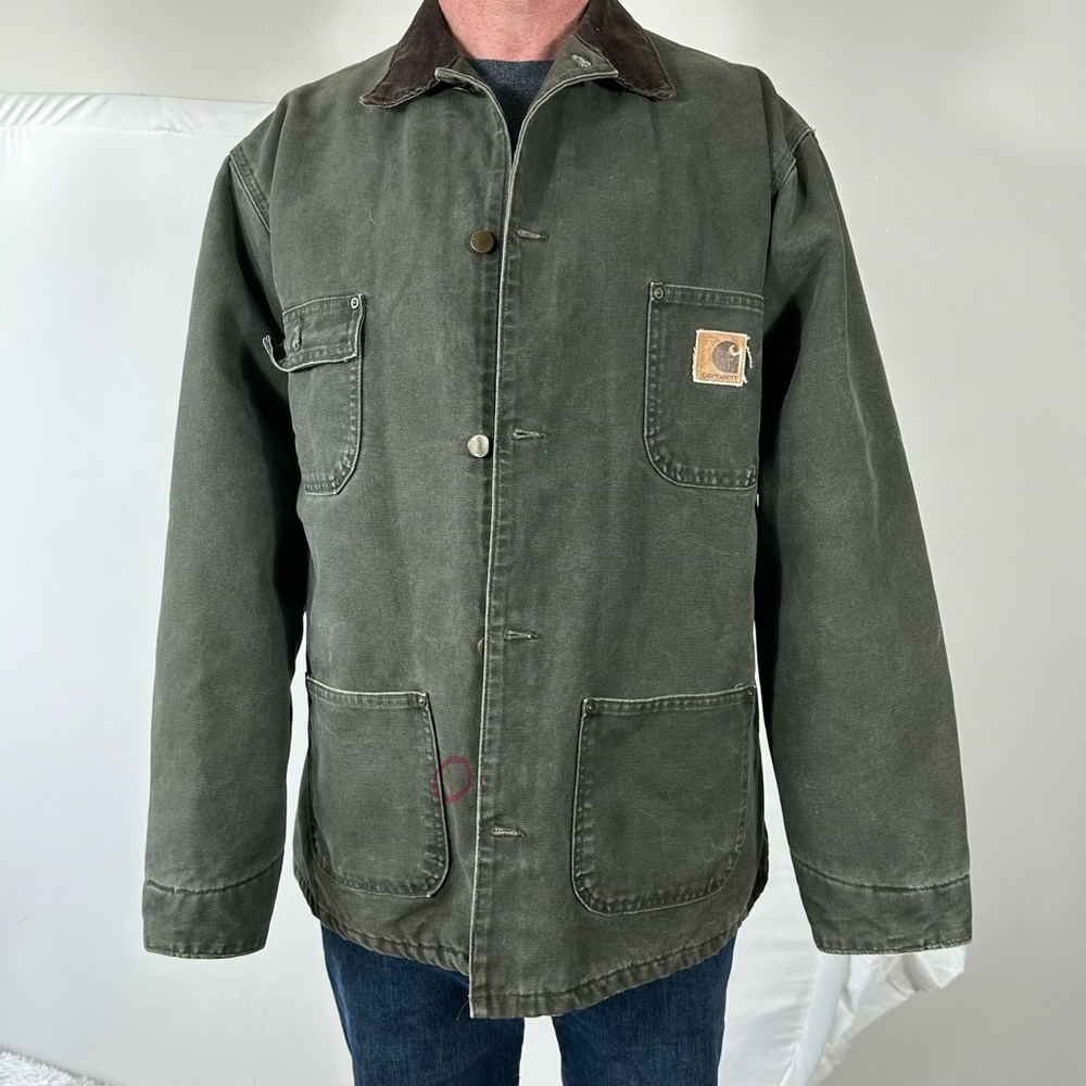 Vintage Carhartt Green Chore Jacket Blanket Lined Workwear Coat Brown Collar XL - Picture 14 of 16